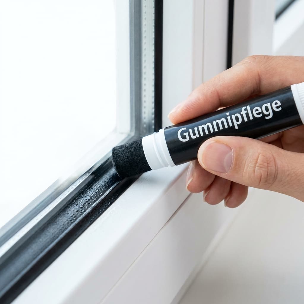 Nahaufnahme: Pflege der Fensterdichtung mit einem Stift