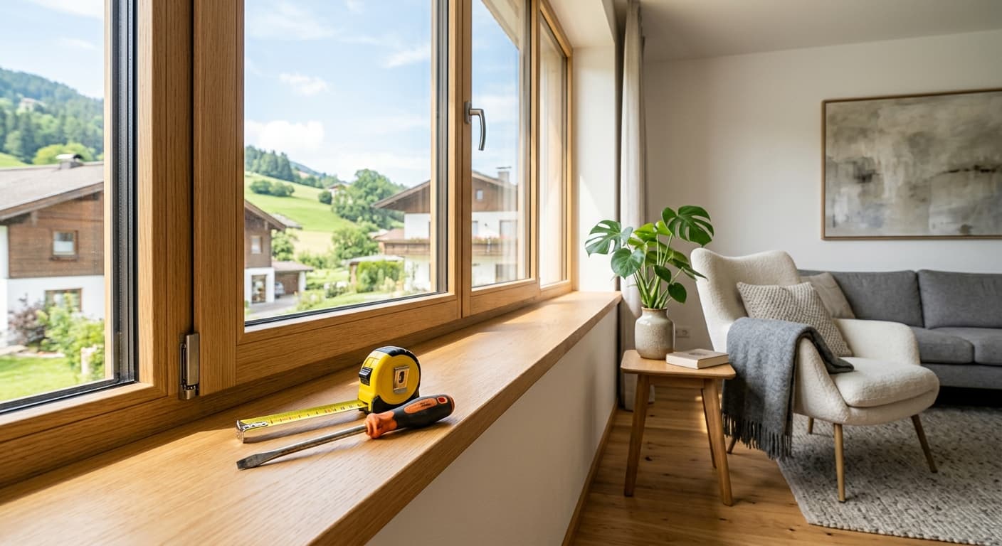 Modernes Fenster mit Maßband und Werkzeug am Fensterbrett – Entscheidung Fenster reparieren oder austauschen in Wien und Niederösterreich