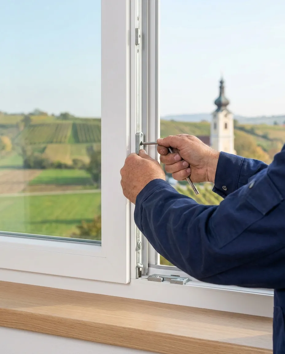 Techniker stellt den Beschlag eines Fensters nach – Blick auf Weingärten und Kirchturm in Niederösterreich (Symbolbild)