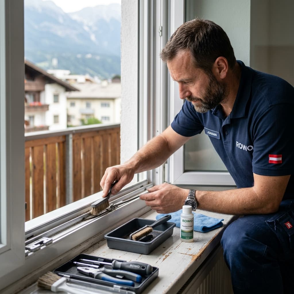 Präzise Reinigung der Fensterführungsschienen mit Spezialwerkzeug