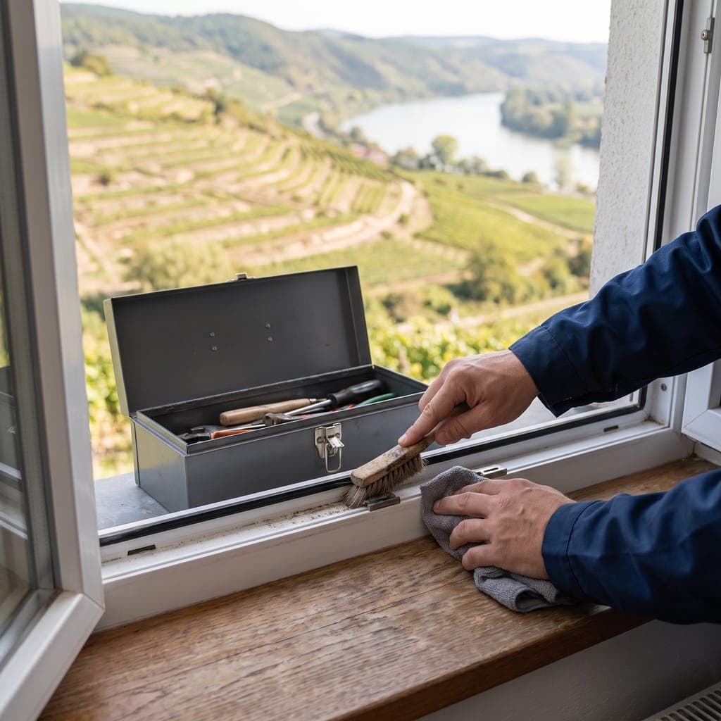 Präzise Reinigung der Fensterführungsschienen mit Spezialwerkzeug