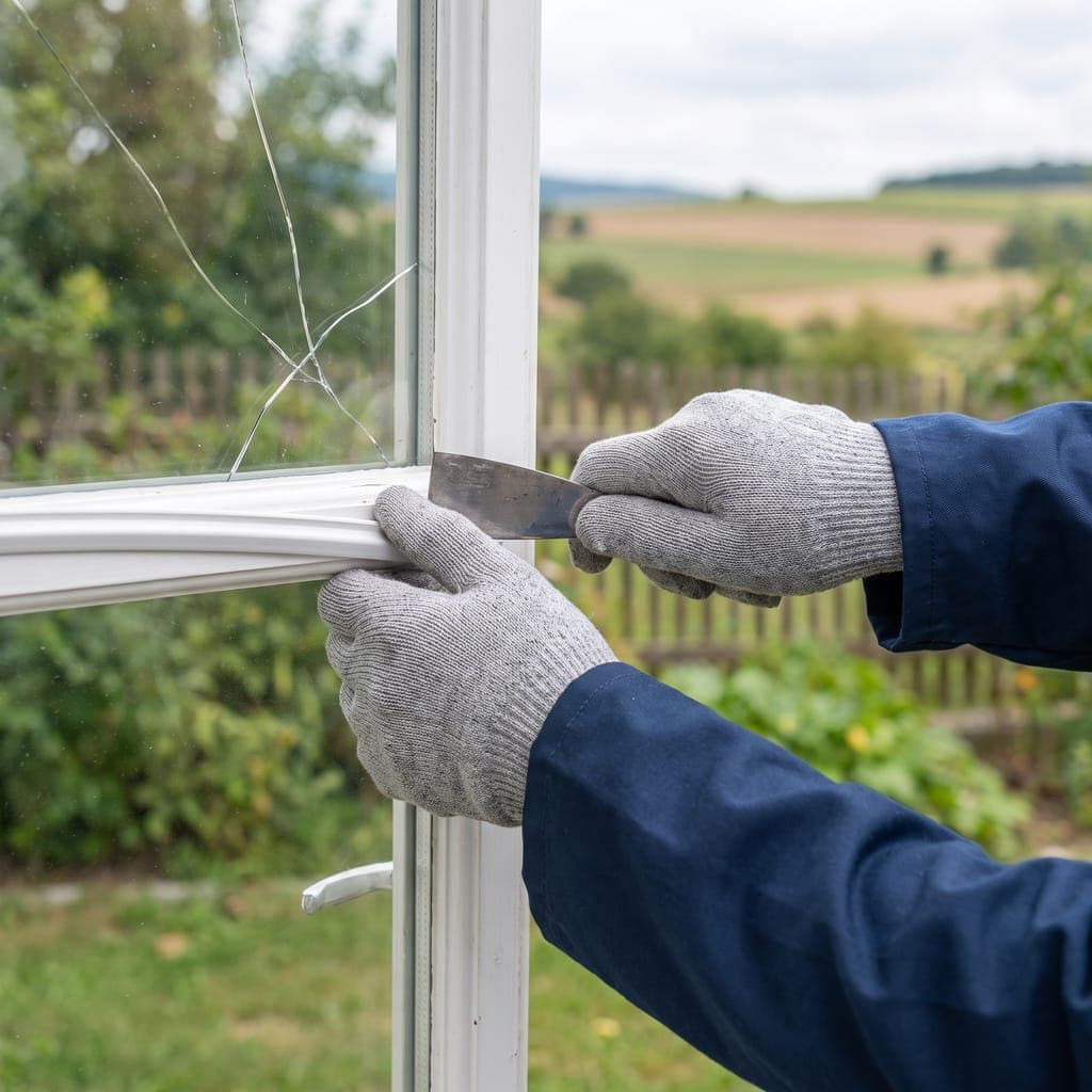 Symbolbild: Glasleiste wird am Fensterflügel mit gesprungener Scheibe gelöst
