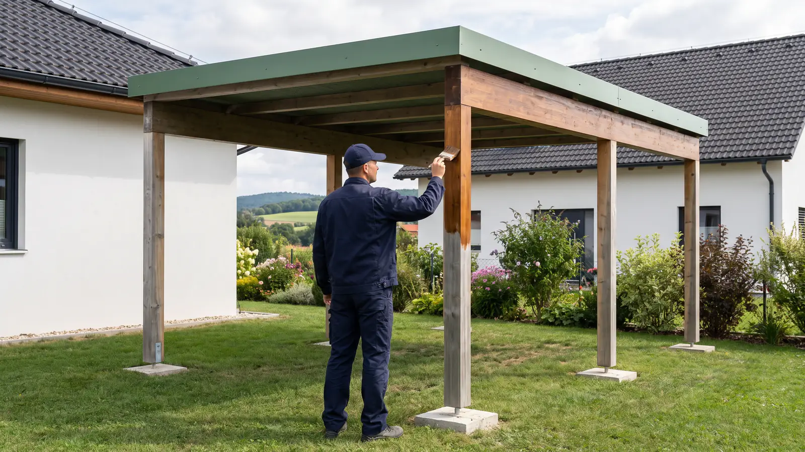 Holz-Carport streichen: Person in dunkelblauer Arbeitskleidung trägt Holzlasur auf einen Carport-Pfosten neben einem Einfamilienhaus auf