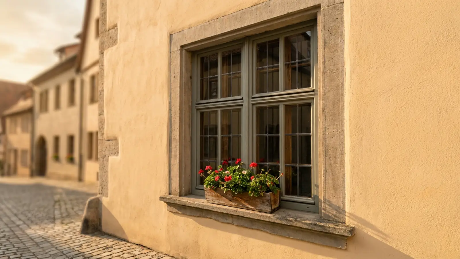 Gepflegtes altes Holzfenster mit Sprossen, Steingewände und Geranien im Blumenkasten an einem historischen Stadthaus