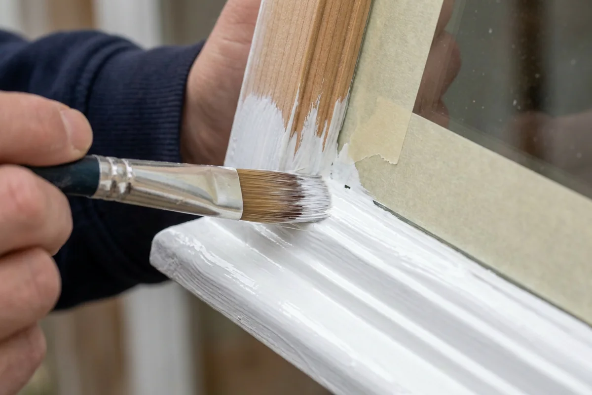 Holzfenster streichen: Pinsel trägt weiße Deckfarbe auf den Fensterflügel auf, die Glasscheibe ist mit Malerkrepp abgeklebt
