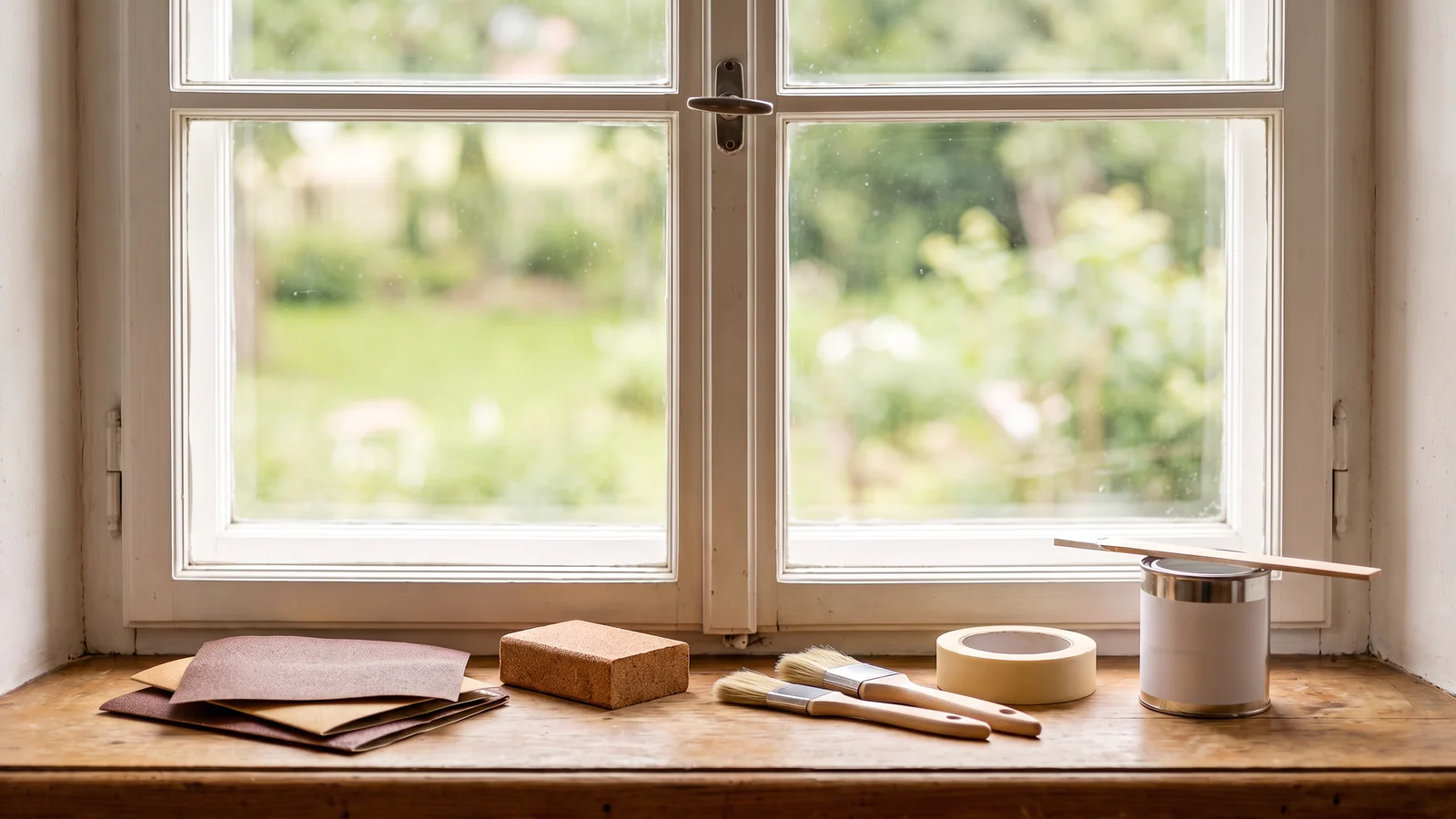 Werkzeug zum Holzfenster streichen auf der Fensterbank: Schleifpapier, Schleifklotz, Pinsel, Malerkrepp und Farbdose