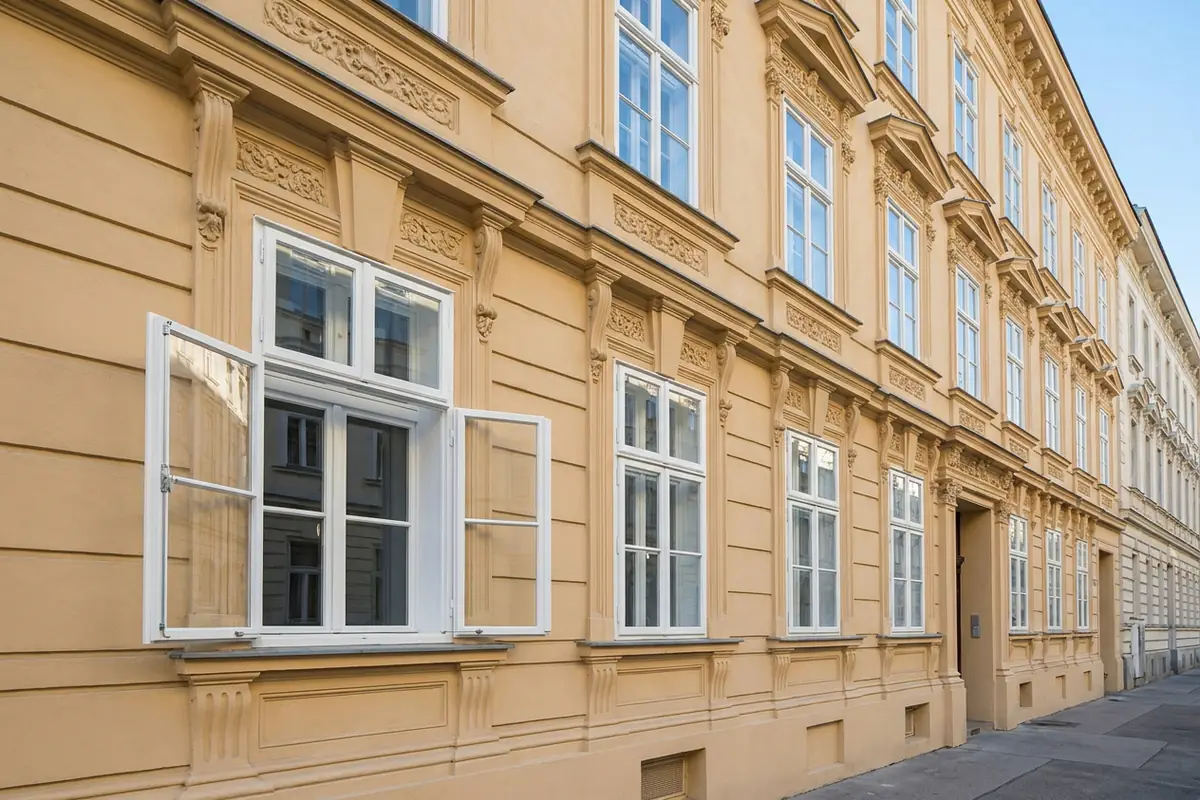 Frisch gestrichene weiße Holz-Kastenfenster mit geöffneten Außenflügeln an einer Wiener Gründerzeit-Fassade
