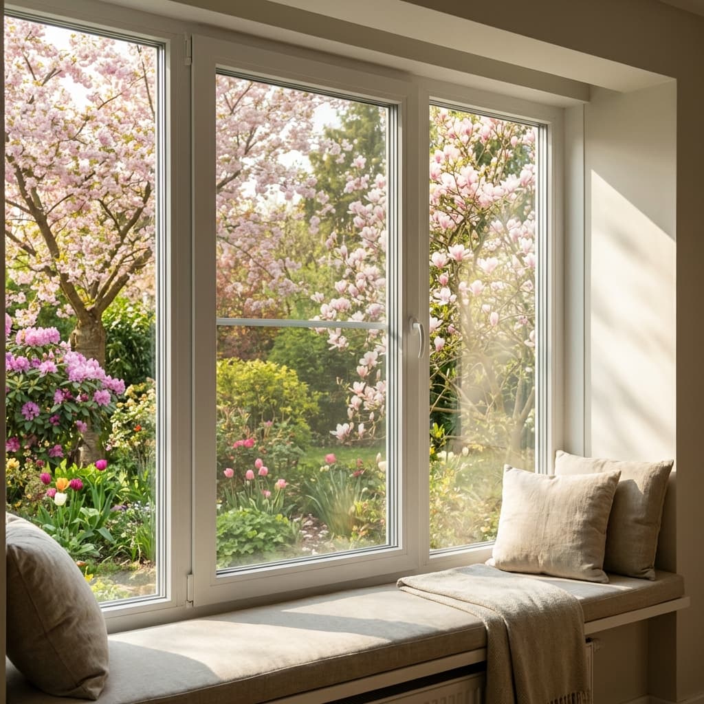 Modernes Fenster mit Insektenschutz und Blick in den Frühlingsgarten