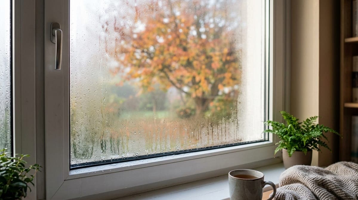Kondenswasser am Fenster im Herbst – beschlagene Scheibe mit Wassertropfen