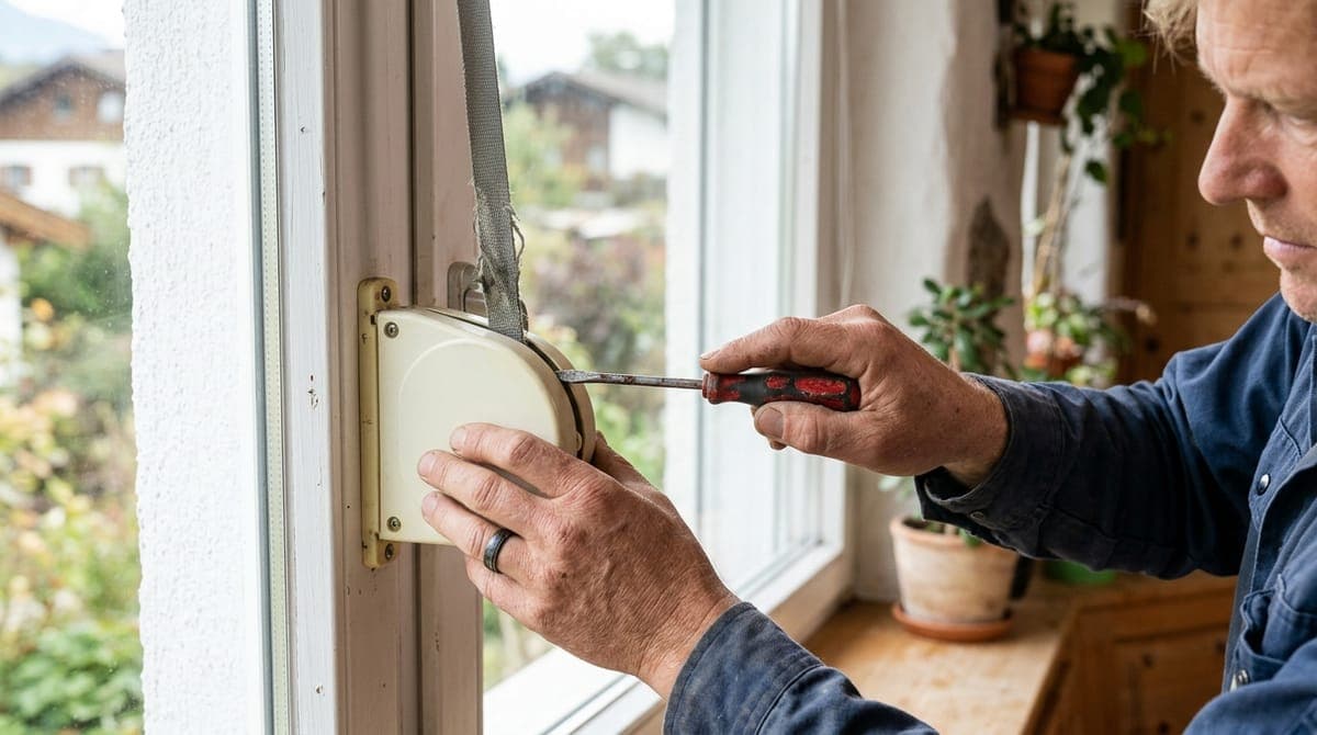 Rollladengurt gerissen – Gurtwickler wird am Fensterrahmen demontiert
