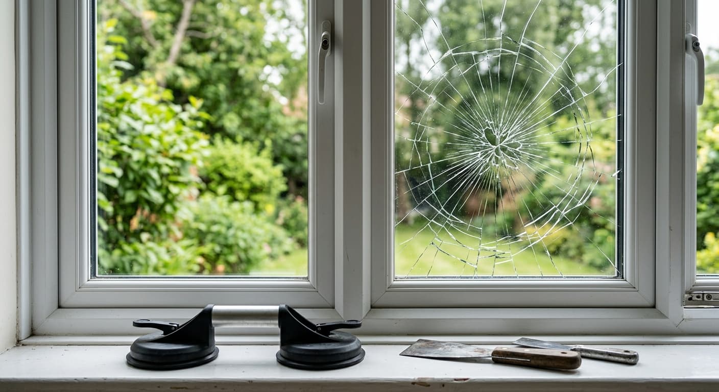Gesprungene Fensterscheibe mit Glaser-Werkzeug am Fensterbrett – Glasreparatur und Notverglasung in Wien und Niederösterreich